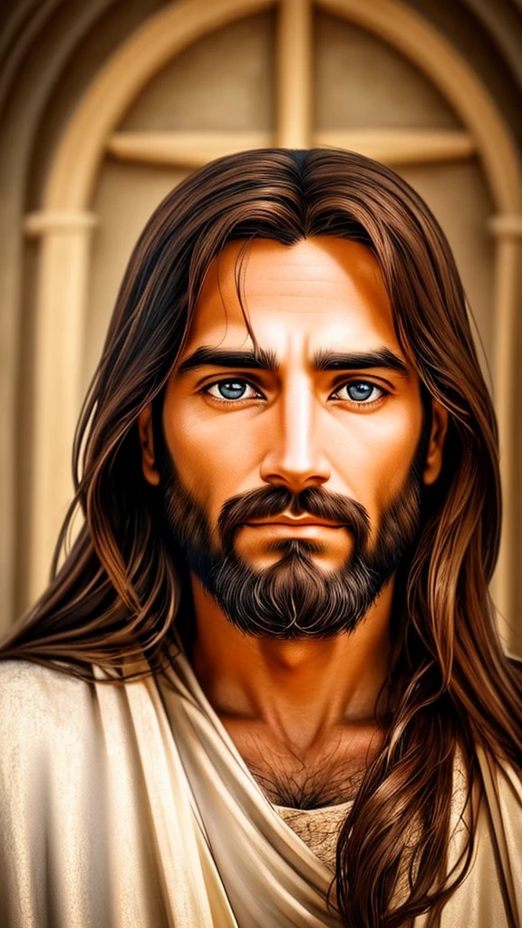 Create a realistic image of Jesus Christ looking directly at the camera. Jesus should have a serene and loving expression. He should be depicted