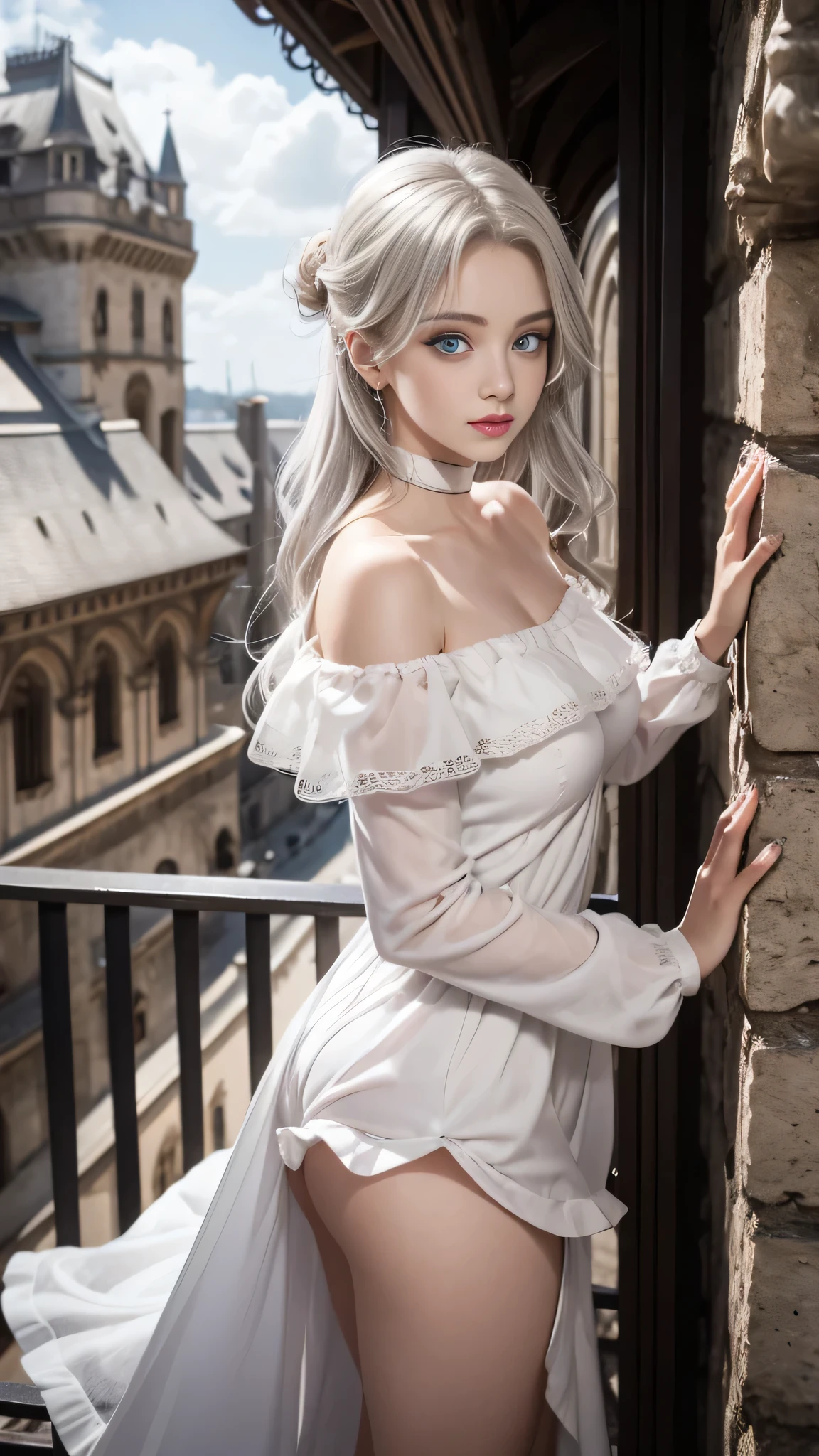 (Girl standing on balcony of old castle)、Iris heterochromatic pupil,silver-haired girl,free high resolution,Off-the-shoulder semi-transparent pure white dress