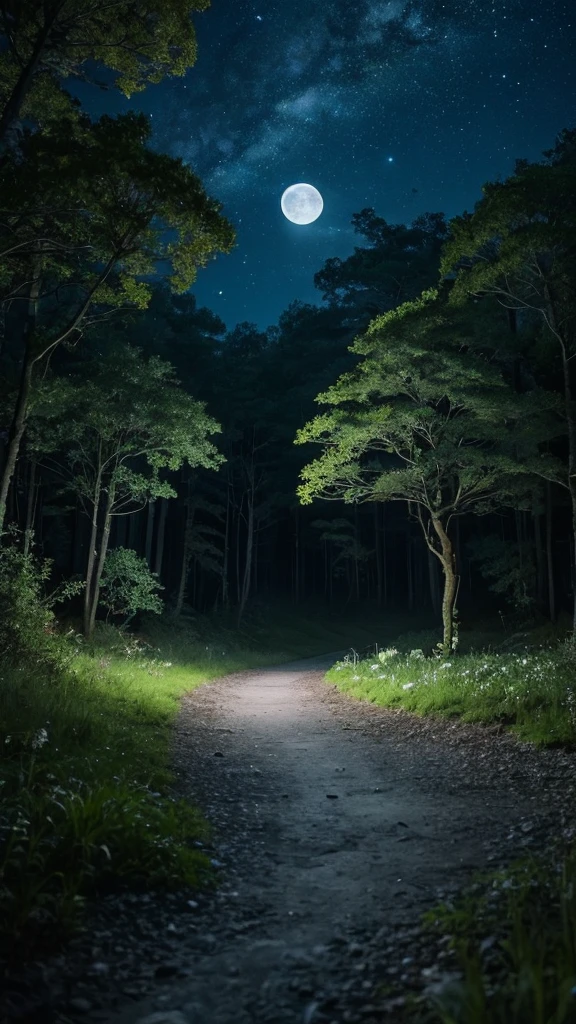 This is a live-action painting of a fantastic landscape with the moon.。In the quiet forest at night、The full moon floats gracefully。月明かりがwood々Falling gently on the grass、It adds a fantastic touch to the night scenery.。wood々The branches are illuminated by the moonlight.、It creates a mysterious shadow。There are also some small creatures thriving in the forest.、Moving silently under the moonlight。This work depicts a fantastic night landscape in live action.、It will captivate the viewers.。
