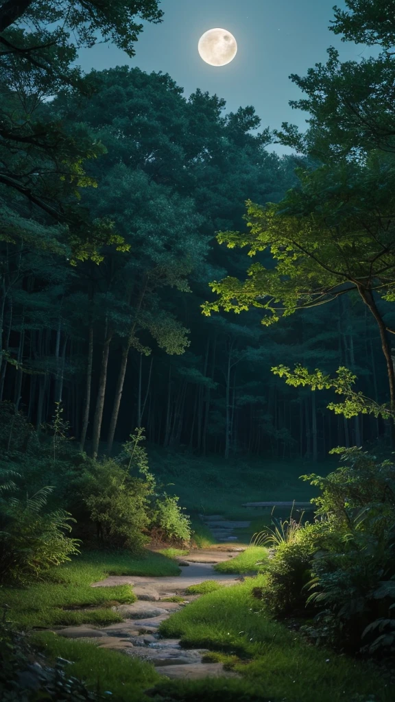 This is a live-action painting of a fantastic landscape with the moon.。In the quiet forest at night、The full moon floats gracefully。月明かりがwood々Falling gently on the grass、It adds a fantastic touch to the night scenery.。wood々The branches are illuminated by the moonlight.、It creates a mysterious shadow。There are also some small creatures thriving in the forest.、Moving silently under the moonlight。This work depicts a fantastic night landscape in live action.、It will captivate the viewers.。