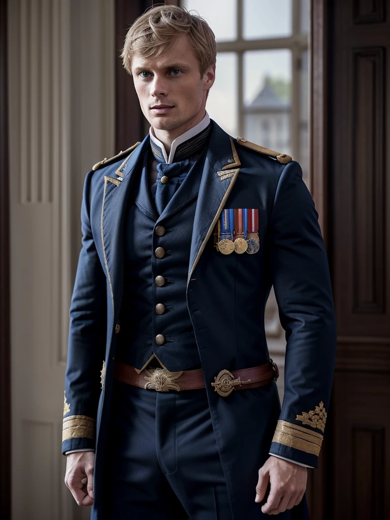 Bradley James handsome Victorian captain. The captain shirtless is 25 years old, muscular, blond, dressed in a ceremonial uniform, tight-fitting to his body and showing his muscles, buttoned up with all the buttons. His dreamy gaze is directed into the distance. The fly in the trousers is unbuttoned. Big and thick dick.