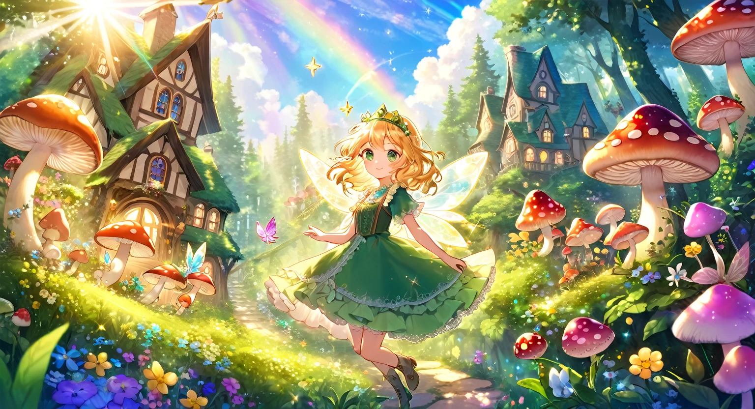 kawaii, whimsical, a beautiful fairy woman, an iridescent green pair of fairy wings, sparkling fairy dust, blonde princess hair, lacey intricate ruffle green princess dress, gem encrusted tiara, fantasy enchanted forest, wild flowers, sparkle effects, little mushroom houses, pastel colors, sun rays, sunlight, clear, high quality, sharp, best quality, dusk, clear face,