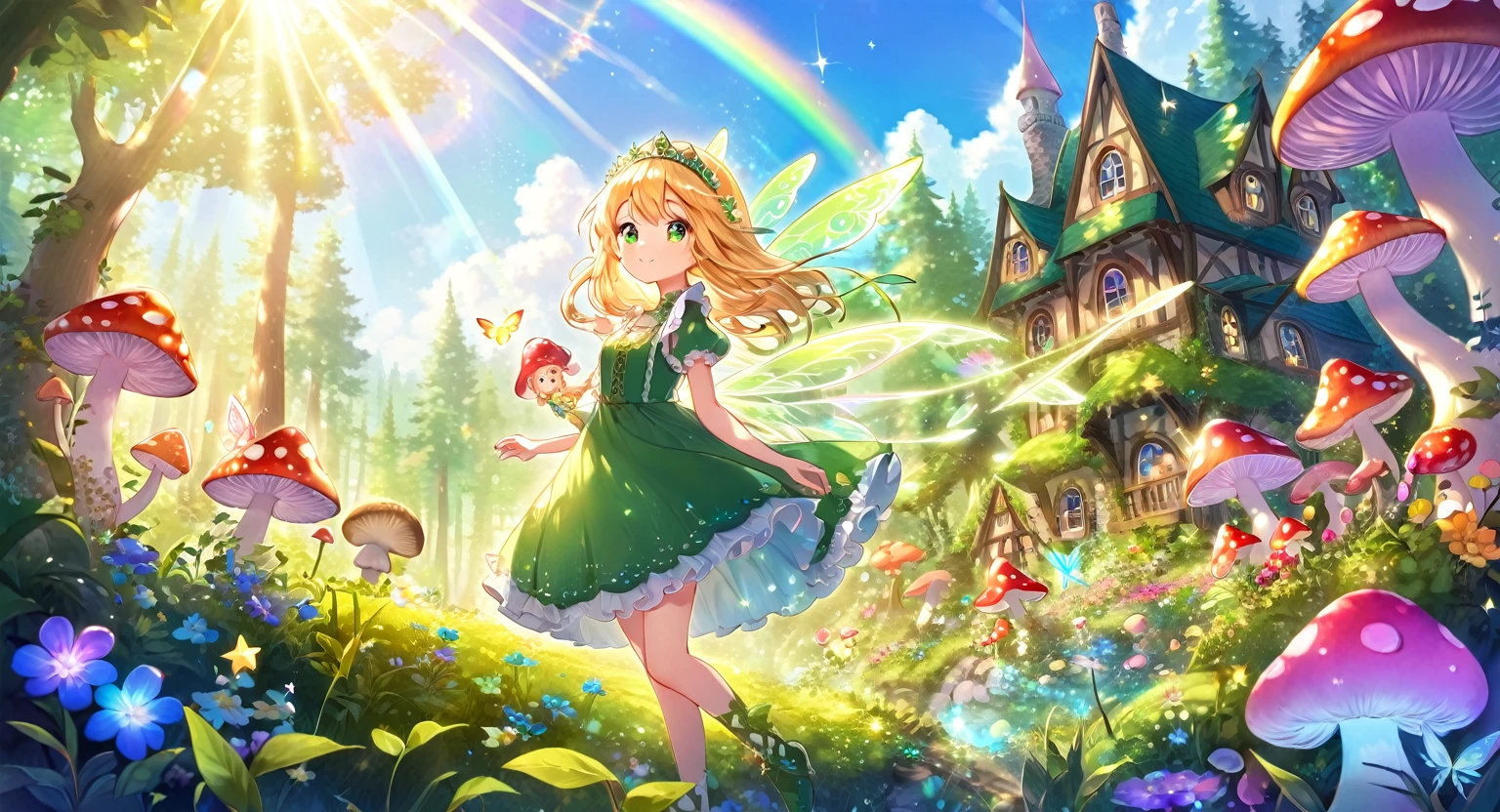 kawaii, whimsical, a beautiful fairy woman, an iridescent green pair of fairy wings, sparkling fairy dust, blonde princess hair, lacey intricate ruffle green princess dress, gem encrusted tiara, fantasy enchanted forest, wild flowers, sparkle effects, little mushroom houses, pastel colors, sun rays, sunlight, clear, high quality, sharp, best quality, dusk, clear face,