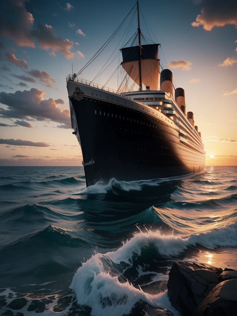 The luxurious Titanic sails in the ocean，Beautiful sunset，beautiful landscape