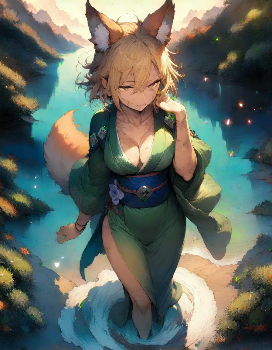 (masterpiece,best quality,very aesthetic,ultra-detailed),(illustration,official art),solo,BREAK,1girl,30yo,curvy,large breasts,tall,stout build,bewitching,(blonde fox ears),(a fox tail),(blonde hair,short hair,messy hair),disheveled hair,(brown foxy eyes),half closed eyes,beautiful face,comfortable,calming,(smirk:0.7),Fantastic atmosphere,evening,Night sky,Fireflies glowed and flew along a riverbank in Japan, depicting the trajectory of their flight,(flower print dark green kimono,pelvic curtain),(scar on breasts,scar on cheek:1.2),standing,hand on cheek,looking away,BREAK,wind,forest,river beach,aerial shot,from above