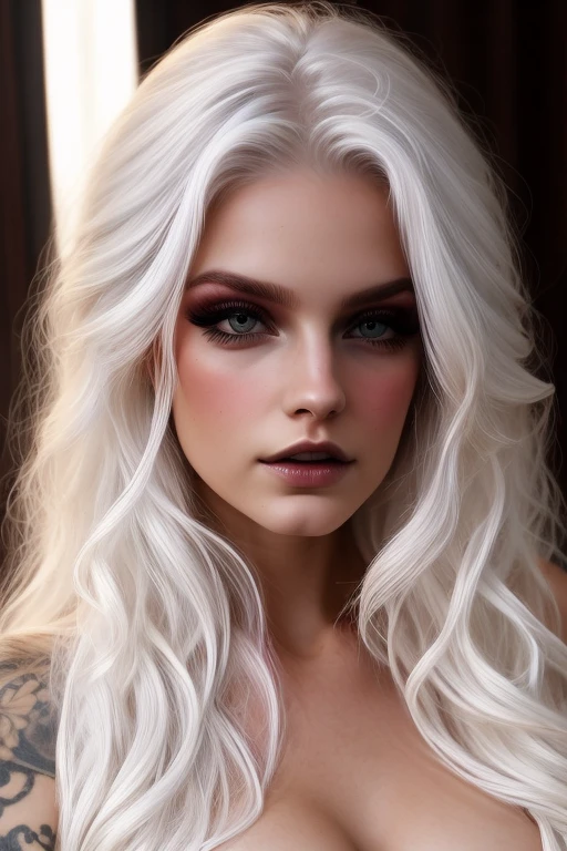 a cool place，a 20 year old woman，white hair with long white wavy hair, bondage, leather strapon, gorgeous，With piercing eyes, Alone, Chapped lips、see the viewer, forehead, sexy, big boobs