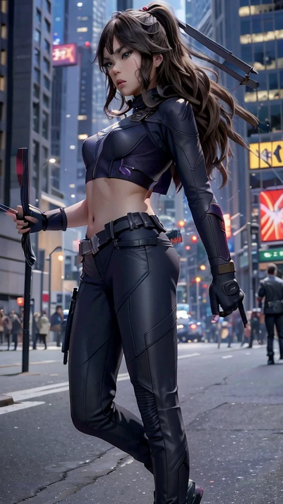 Kate Bishop Hawkeye, (hailee steinfeld), Avengers, marvel multiverse, classic suit, traje de super Hero, Bow and arrows, beautiful, YOUNG, sexy, very thin body, small and beautiful breasts, nalgas pequeñas y beautifuls, toned abdomen, small waist, Hero, powerful, fighting in New York City, very tall buildings, avengers tower building, alien invasion, Explosions, destruction, burning buildings, realist, Excellent quality, 4k, great definition, imagen realist com gran profundidad, Maximum details, 