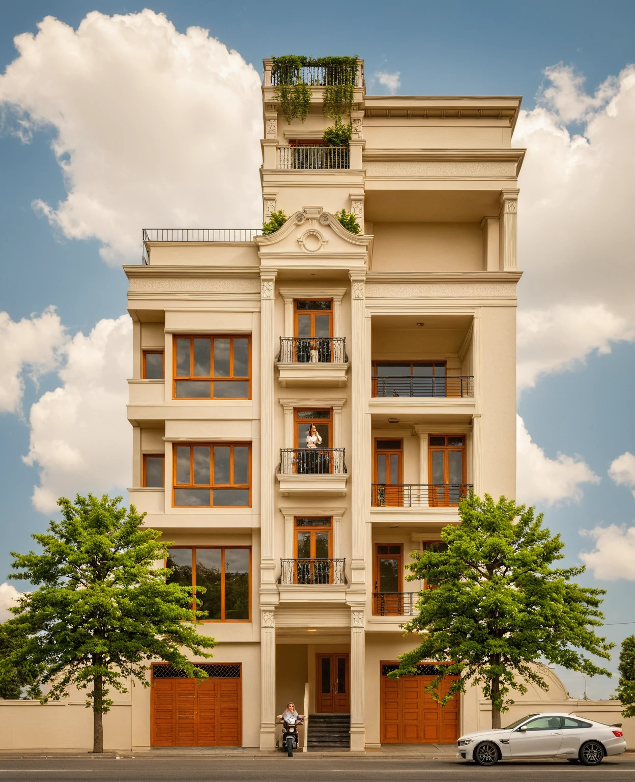 Raw photo,Masterpiece, high quality, best quality, authentic, super detail,
exterior, outdoors, house style neoclassic on the street ,aiaigroup, car, human, man, girl, motobike
road,pavement, grass, trees, sky, cloud, (day:1.1)