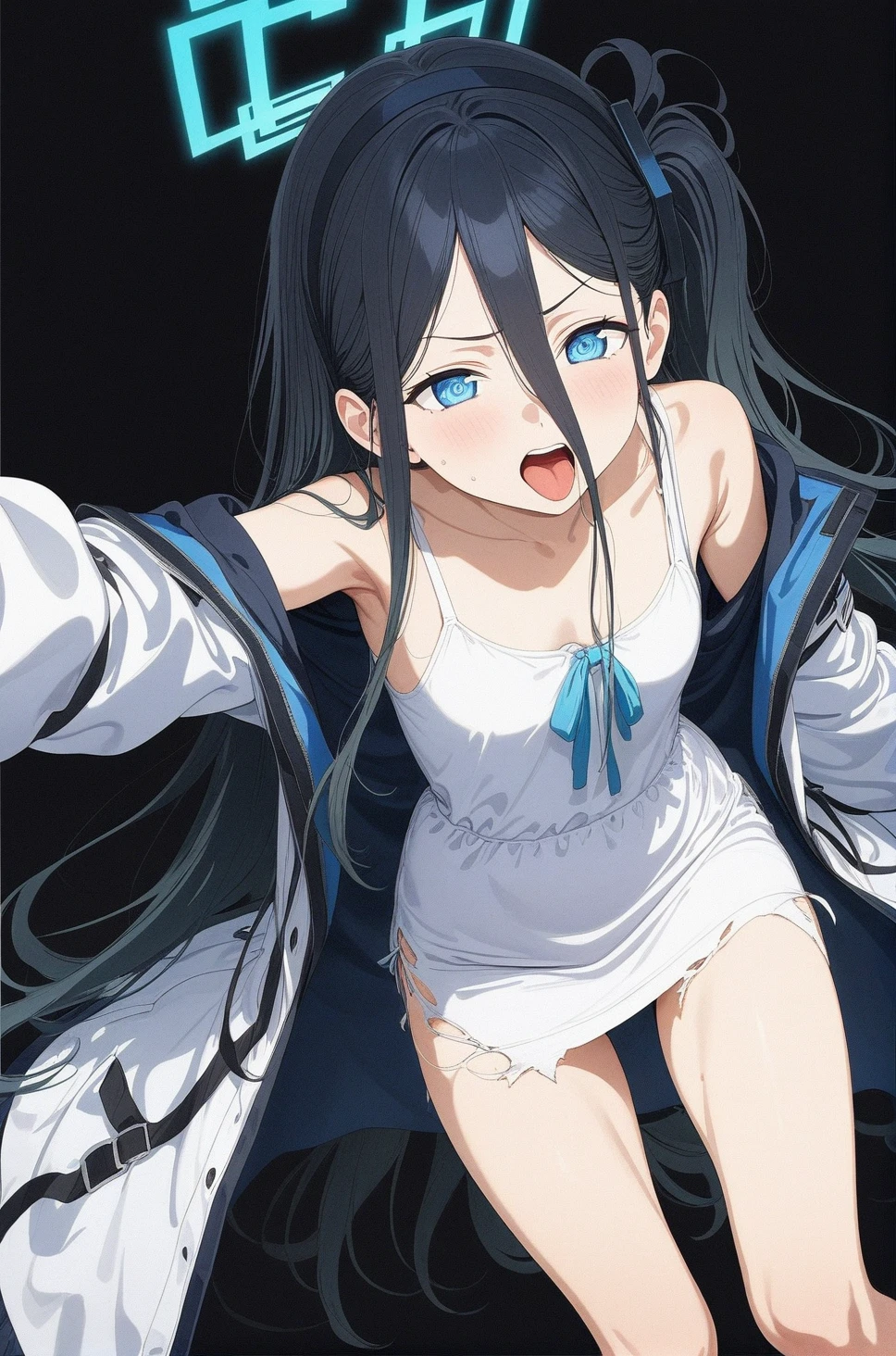 best quality, amazing quality, very aesthetic, absurdres, 1girl, aris (blue archive), blue archive, blue eyes, angry, tongue out, (artist official art:1.5), (realistic face), (narrowed eyes), (cowboy shot), ), torn dress, (thigh), expressive eyes, perfect face, 4k, extremely detailed anime illustration, extremely detailed eyes, enhanced details, perfect anatomy, light rays, photo background, extremely delicate body, smooth skin, feminine expression, (black background:1.5), cristal clear eyes, beautiful face,