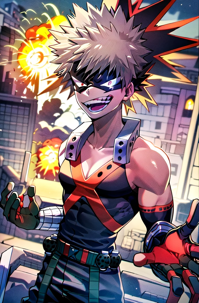 ((​masterpiece,best quality, Detailed)), 1 boy, male focus, outside, Building, explosion, 火, Glut,
Bakugou Katsuki, two-tone gloves, green belt, eye mask, (Garnet), black tank top, bare shoulders, superhero, black pants, crazy smile