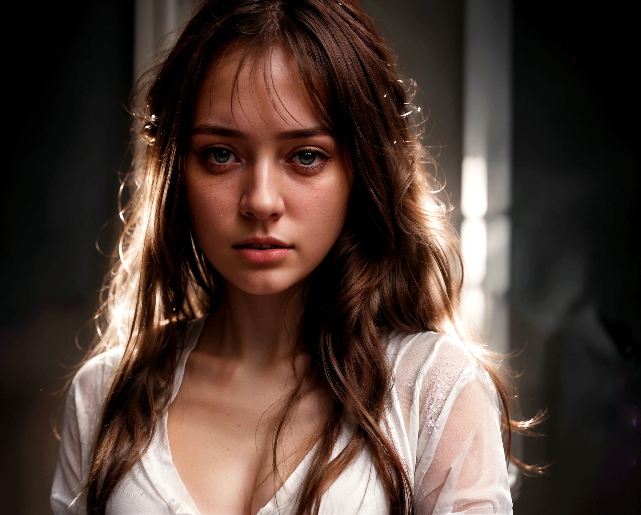 Ultra-high resolution, (Realistic: 1.5), original photo, A girl, White clothes, Long hair, Cold Light, in the darkness, best quality, masterpiece