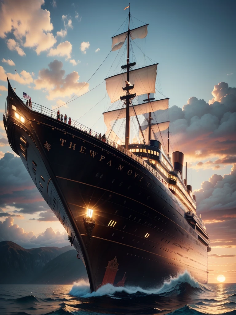 The luxurious Titanic sails in the ocean，Beautiful sunset，beautiful landscape