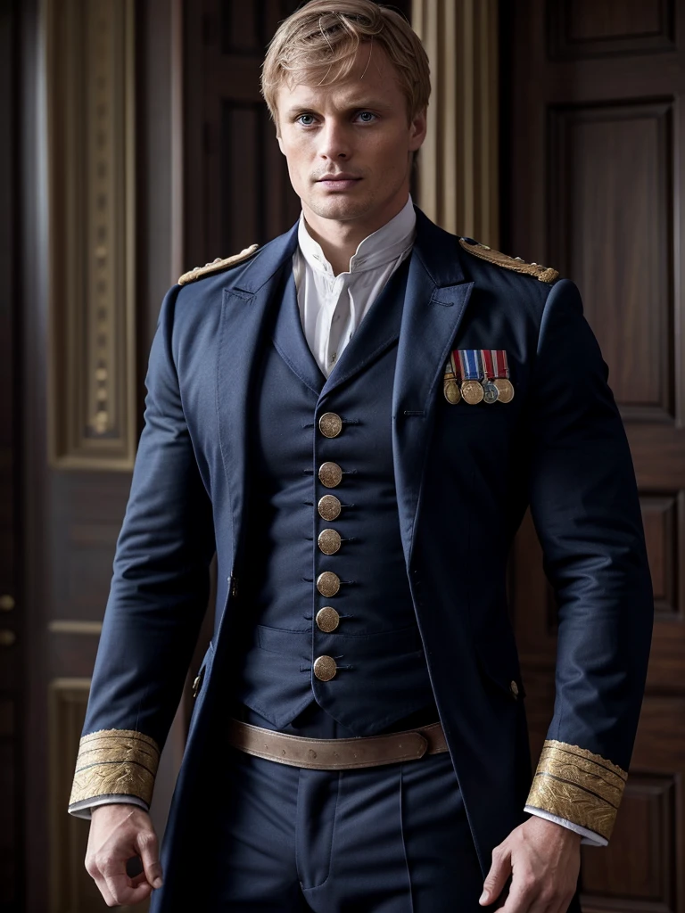 Bradley James handsome Victorian captain. The captain shirtless is 55 years old, muscular, blond, dressed in a ceremonial uniform, tight-fitting to his body and showing his muscles, buttoned up with all the buttons. His dreamy gaze is directed into the distance. The fly in the trousers is unbuttoned. Big and thick dick.