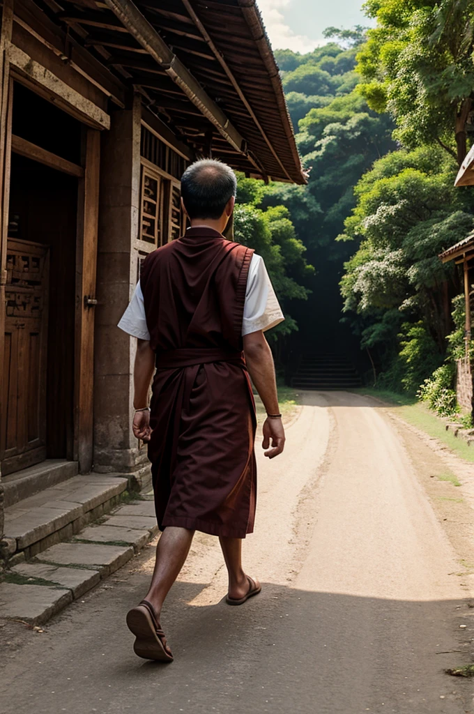 A Buddhist walking on village road animation