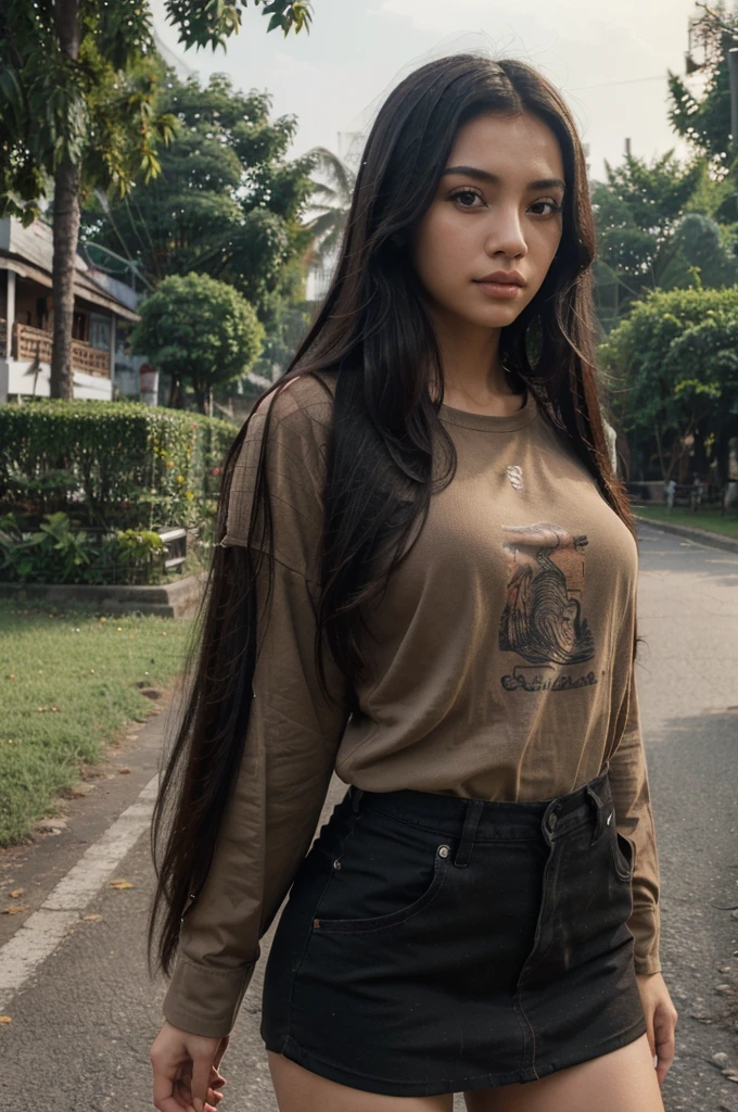 ((best quality)), ((masterpiece)), (detailed), 1girl, Beautiful with long black hair, height about 150cm, brown shirt, original photo, ((best quality)), 8K, ((masterpiece)), (detail), Indonesian roads background