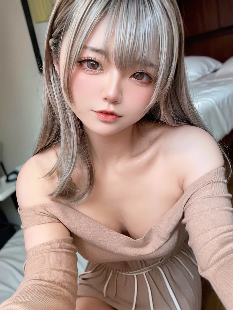 8K, RAW Photos, Fujifilm, Beautiful 20 year old woman style photo, (((Gray Hair:1.3,美しいGray Hairのストレートヘアー、シルキーなGray Hair)))、((( Wearing a white off-the-shoulder dress:1.5,))) Gold earrings, (Highly detailed skin: 1.2), Light medium brown hair, Film Grain, 35mm, Cute Style、On the bed、(((全Nude 1.5)))(((Nude 1.5)))Full nudity、、Open your mouth、
