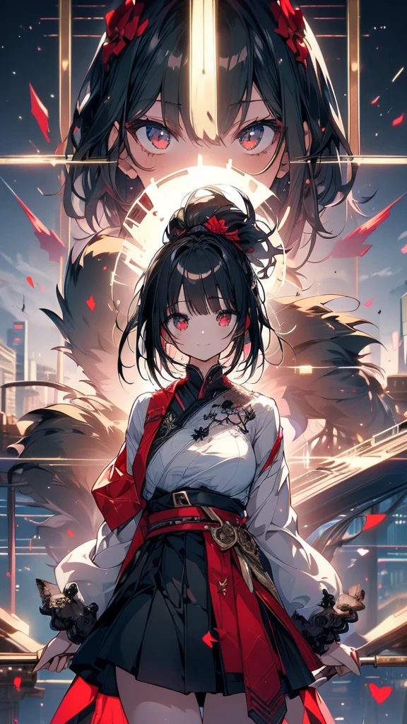 (masterpiece, highest quality, highest quality, (No text), Beautiful and aesthetic:1.2),No text,アニメ、 high resolution BREAK,One Girl,Short black hair Tree Eyes Beautiful eyes Red eyes Cool girl cool smile Red and black costume mini skirt Whole body Detailed eyes and face Night in the city