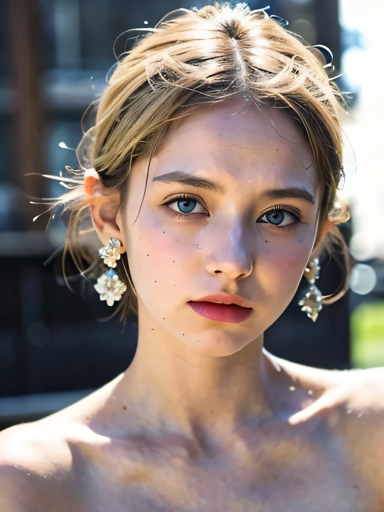 A very beautiful turkiye girl, blue eyes, blonde short hair, feeling depressed, face expression, wearing five earrings, Ultra high res, uhd, (photorealistic:1.4), 