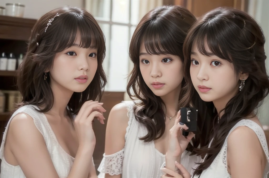 Three Asian women taking a photo in a room, Ulzzang, Three sisters looking in the mirror, 8K)), Popular Korean makeup, Profile picture, beautiful girl, 8K selfie photo, Cute - Nice - Face, Popular Korean makeup, Shision Wu, pretty girl, Korean Girls, avatar Profile picture, sakimichan, very high quality, Surreal Realism, Super polished, high quality, 8K resolution, Diverse styles, Exposing shoulders without exposing breasts,