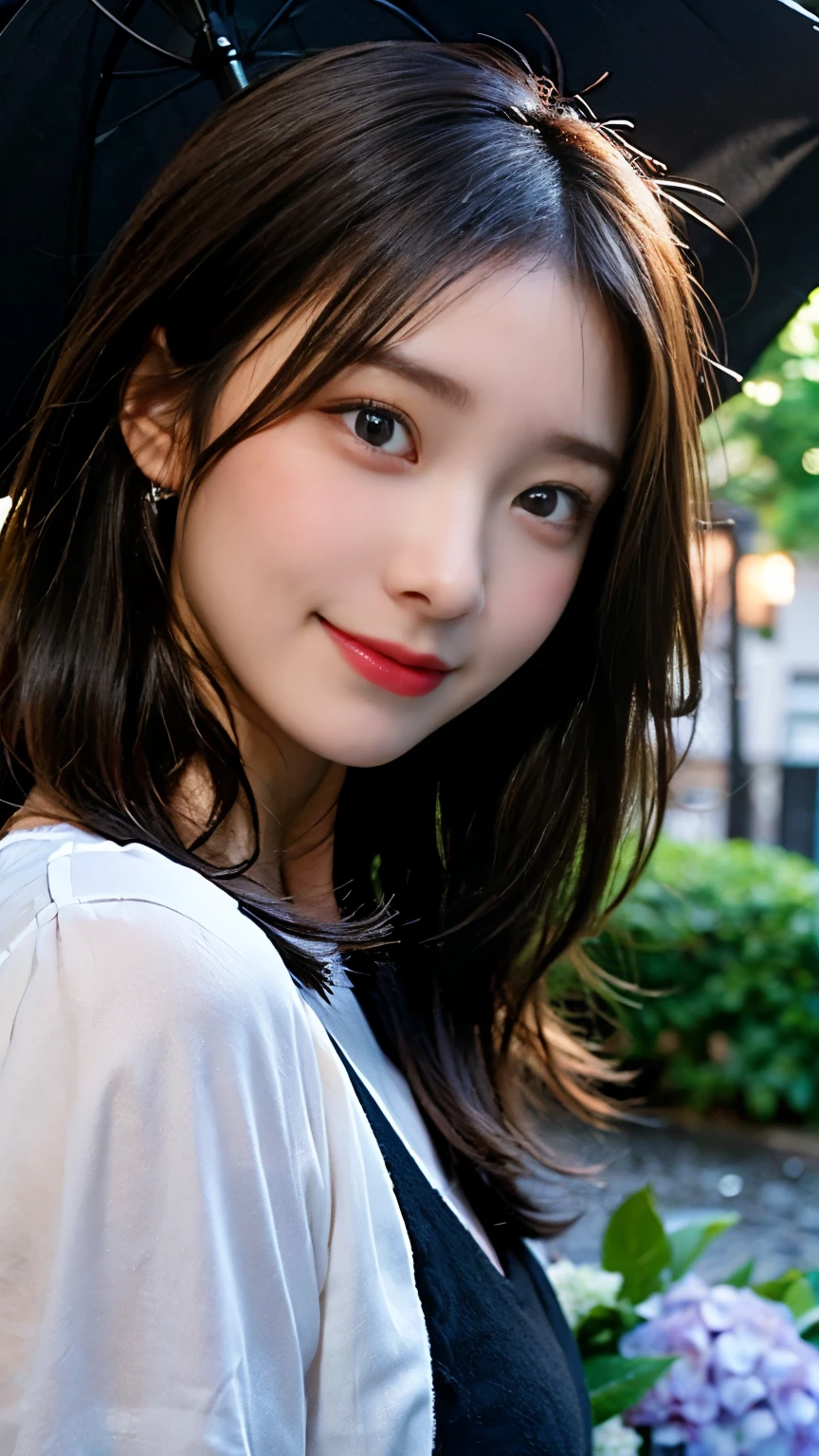 full body,(photo-realistic, ultra-detailed,best quality,ultra high resolution),( moody lighting ,warm color:1.2),
(detailed cute eyes, soft eyes, black eyes, detailed eyes:1.2),(loving eyes:1.2),(good complexion skin:1.2), (beautiful face:1.2),
(neat young woman),( mature, obedient,neat, intellectual , kindly:1.3),(shyly, lovingly:1.2),(shyly, smile:1.1),
(low wavy hair:1.2),(beautiful obedient girl:1.3),
(on the rodside, in the heavy rain),(hydrangea in bloom:1.2),
(cute girl with umbrella),
perfect umbrella, puddle,
(detailed eyes:1.1),
(shyly, lovingly, blush, staring at viewer:1.1),(kind smile:0.5),(detailed face:1.15),