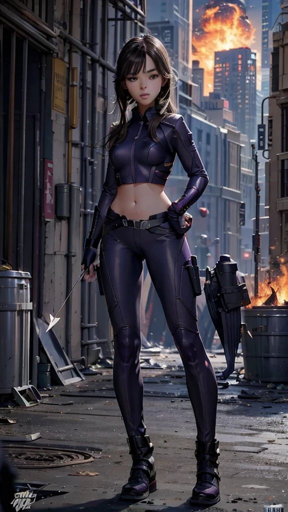 Kate Bishop Hawkeye, (hailee steinfeld), Avengers, marvel multiverse, classic suit, traje de super Hero, Bow and arrows, beautiful, YOUNG, sexy, very thin body, small and beautiful breasts, nalgas pequeñas y beautifuls, toned abdomen, small waist, Hero, powerful, fighting in New York City, very tall buildings, avengers tower building, alien invasion, Explosions, destruction, burning buildings, realist, Excellent quality, 4k, great definition, imagen realist com gran profundidad, Maximum details, 