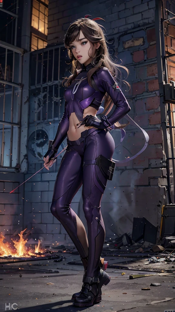 Kate Bishop Hawkeye, (hailee steinfeld), Avengers, marvel multiverse, classic suit, traje de super Hero, Bow and arrows, beautiful, YOUNG, sexy, very thin body, small and beautiful breasts, nalgas pequeñas y beautifuls, toned abdomen, small waist, Hero, powerful, fighting in New York City, very tall buildings, avengers tower building, alien invasion, Explosions, destruction, burning buildings, realist, Excellent quality, 4k, great definition, imagen realist com gran profundidad, Maximum details, 