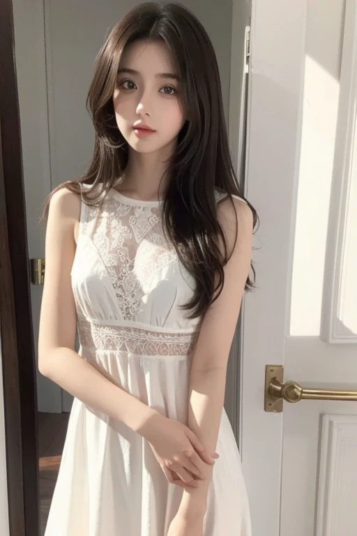 A girl with prefect body brown hair and he white skin pretty eyes without dress girl long lage read sarti