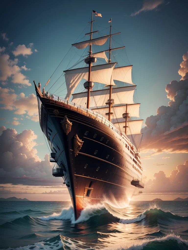 The luxurious Titanic sails in the ocean,Beautiful sunset,beautiful landscape