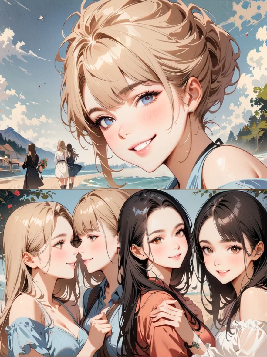 masterpiece, Collage, Gradient，4 people, 4 women, outdoor, 快乐of, Smile, chocolate, Rose, Love，of