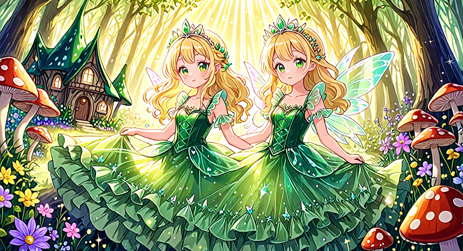 kawaii, whimsical, a beautiful fairy woman, an iridescent green pair of fairy wings, sparkling fairy dust, blonde princess hair, lacey intricate ruffle green princess dress, gem encrusted tiara, fantasy enchanted forest, wild flowers, sparkle effects, little mushroom houses, pastel colors, sun rays, sunlight, clear, high quality, sharp, best quality, dusk, clear face,