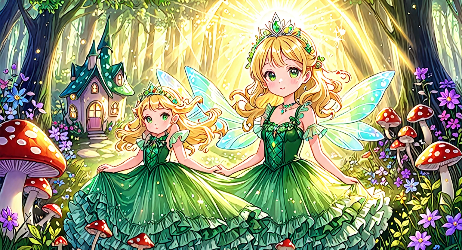 kawaii, whimsical, a beautiful fairy woman, an iridescent green pair of fairy wings, sparkling fairy dust, blonde princess hair, lacey intricate ruffle green princess dress, gem encrusted tiara, fantasy enchanted forest, wild flowers, sparkle effects, little mushroom houses, pastel colors, sun rays, sunlight, clear, high quality, sharp, best quality, dusk, clear face,