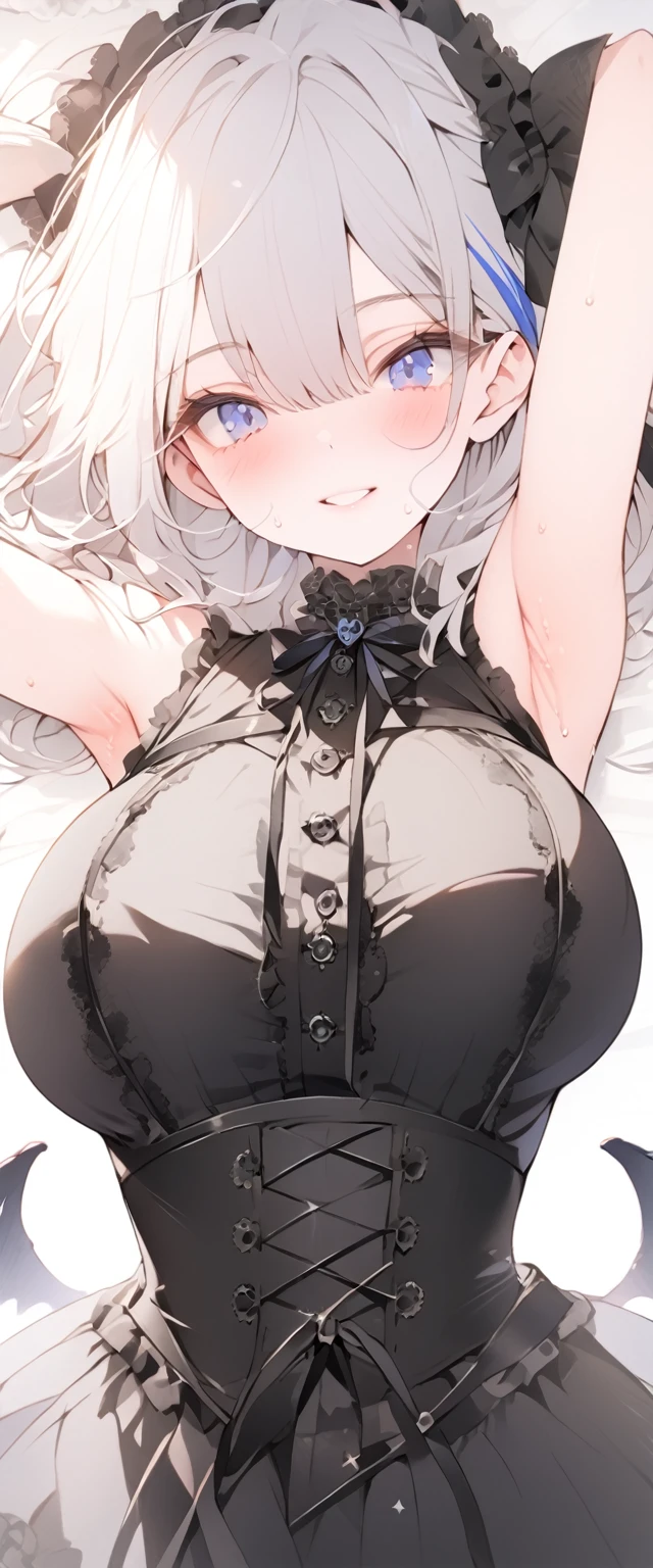 beautiful, masterpiece, Highest quality, anime, One girl, C Cup,Portrait Shot, View your viewers, Covered、Medium Hair、nearby、Blue Eyes、art、、White hair,Blue streaked hair、wallpaper、Cute smile、Thighs、Cute、bed、Beautiful breasts、Full Harness、valley、、Sweat、Armpit、Lying on your back、Gothic ta Coordination、corset