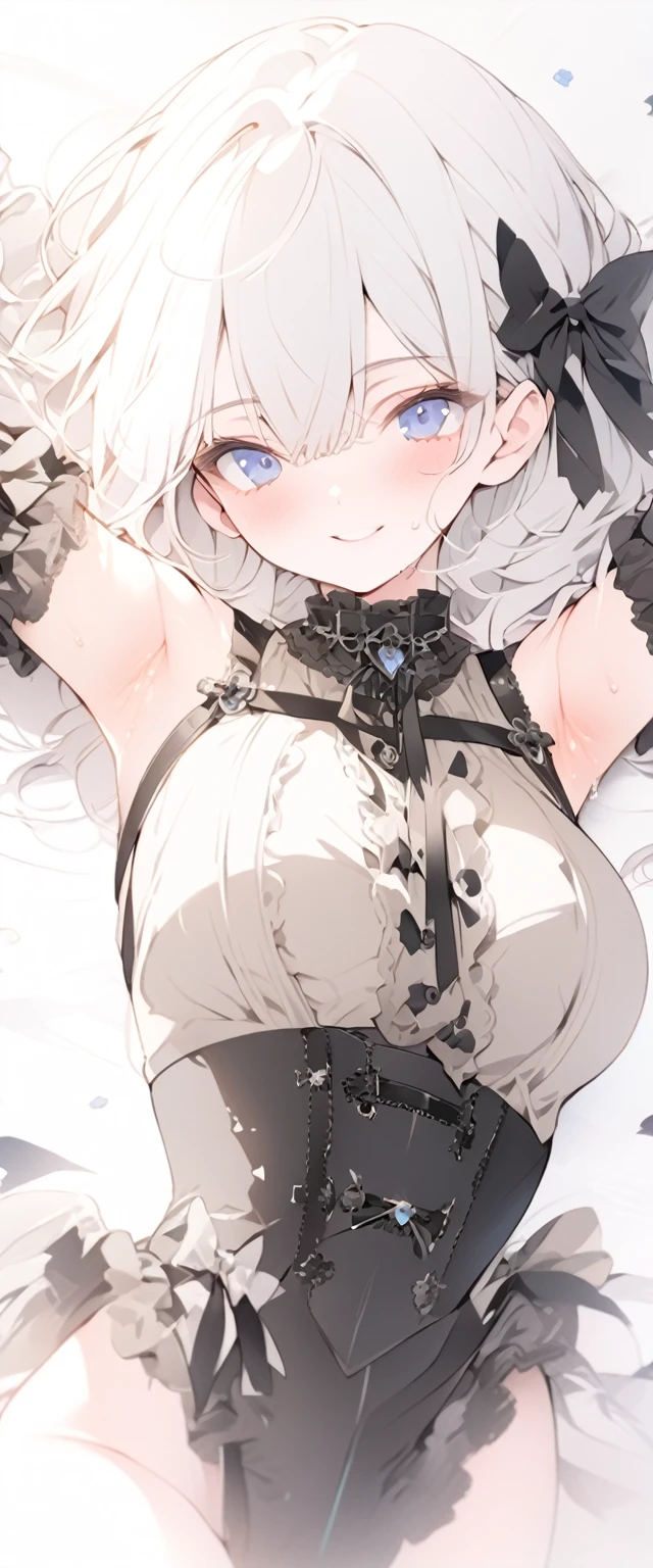 beautiful, masterpiece, Highest quality, anime, One girl, C Cup,Portrait Shot, View your viewers, Covered、Medium Hair、nearby、Blue Eyes、art、、White hair,Blue streaked hair、wallpaper、Cute smile、Thighs、Cute、bed、Beautiful breasts、Full Harness、valley、、Sweat、Armpit、Lying on your back、Gothic Lolita Coordination、corset