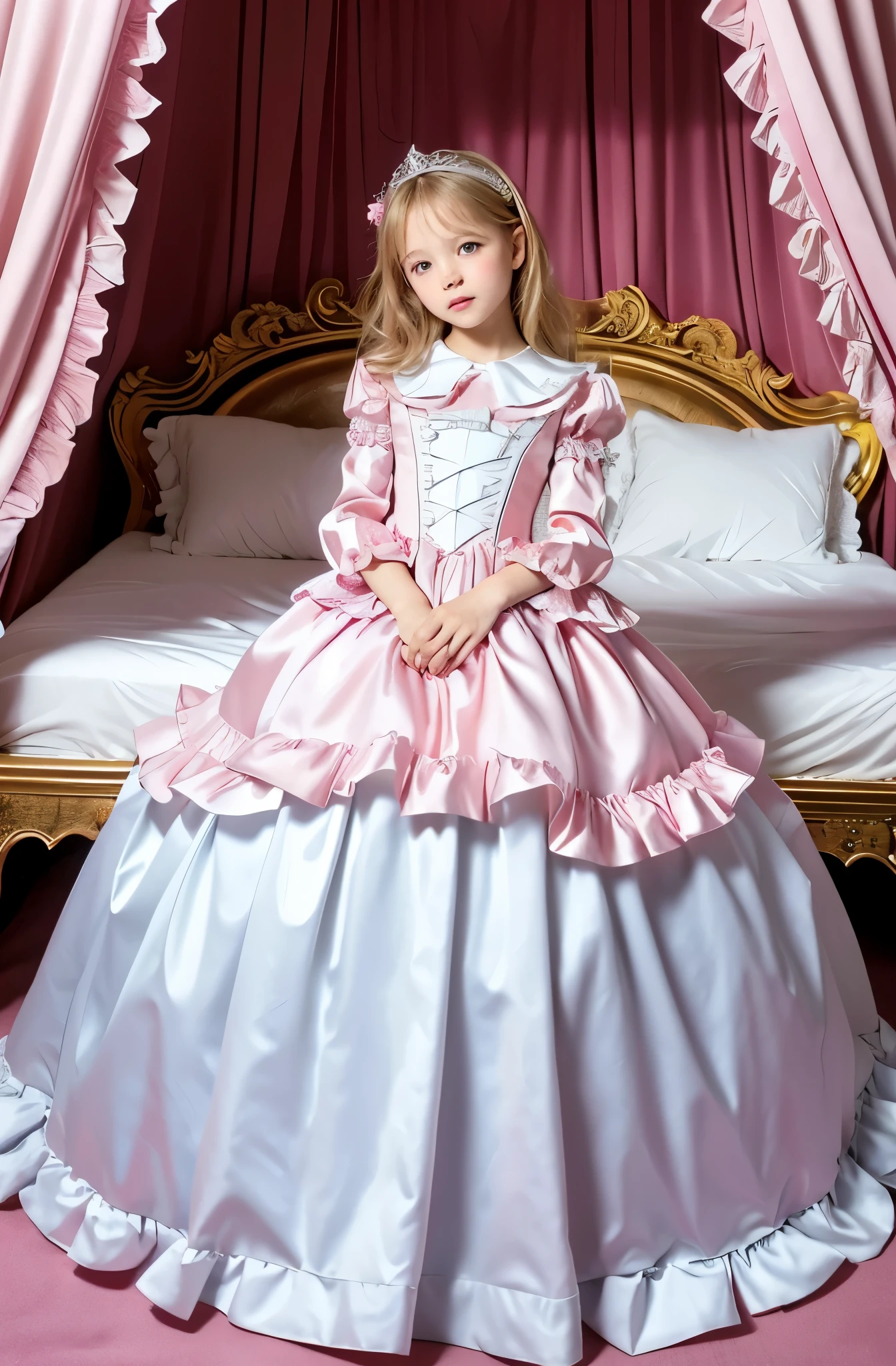 ,highest quality, masterpiece, highest resolution, artwork, super それにget used to it, many get used to it, get used to it, それにget used to it, 3k realistic pictures,,(( girls)),Ultra-detailed juvenile face,ultra-detailed beautiful little girls,girlsrincess,full length ball gown dress with hoop skirt,ruffled yoke collar,puff sleeves,long sleeve,((Lolita style hot pink detailed princess satin dress with lots of ruffles and ribbons)),Rococo style lolita fashion,shiny satin dress,Soft and smooth fabric,detailed princess dress,luxury,long blonde hair,blue eyes,white skin european,Pajama,((in the bedroom of the palace)),luxury princess canopy king size pink bed,shiny satin sheets,ultra-detailed princess bed,High-quality background,lot of frilled pillows,on the bed,