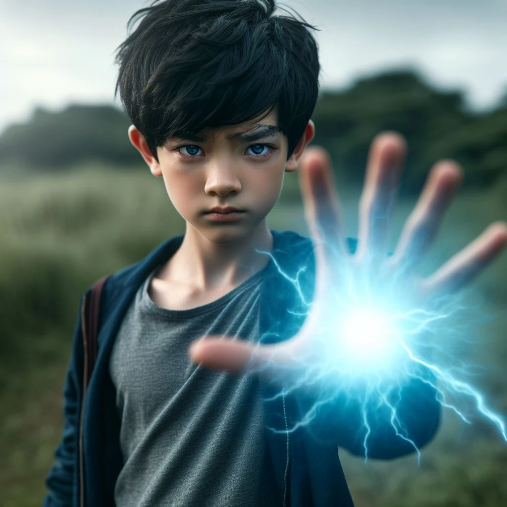 A handsome twelve-year-old boy with black hair, an angry expression, and one hand thrust forward into the air, creating a pale blue glowing magical light bullet in his palm, standing in a grassland area.lightning ⚡ on his eyes