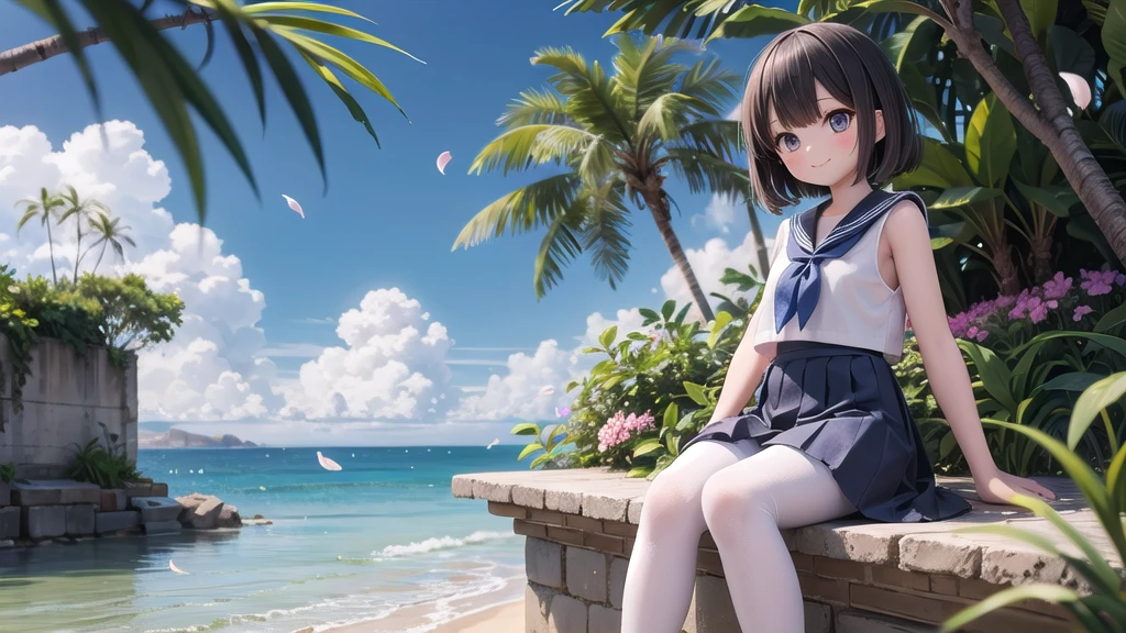 wallpaper, Clear face, (masterpiece), town, blue sky, One Girl, Place the person on the right, smile, alone, Sailor suit、Long skirt, Overgrown, petal, plant、Skirt lining、White slip、nostalgic、Grey pantyhose、I can see the ocean in the distance, Crotch close-up