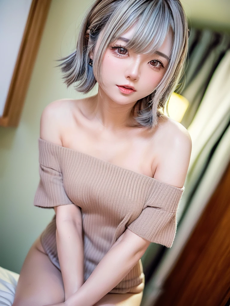 8K, RAW Photos, Fujifilm, Beautiful 20 year old woman style photo, (((Gray Hair:1.3,美しいGray Hairのストレートヘアー、シルキーなGray Hair)))、((( Wearing a white off-the-shoulder dress:1.5,))) Gold earrings, (Highly detailed skin: 1.2), Light medium brown hair, Film Grain, 35mm, Cute Style、On the bed、(((全Nude 1.5)))(((Nude 1.5)))Full nudity、、Open your mouth、Love Hotel、clothes scattered、White underwear、
