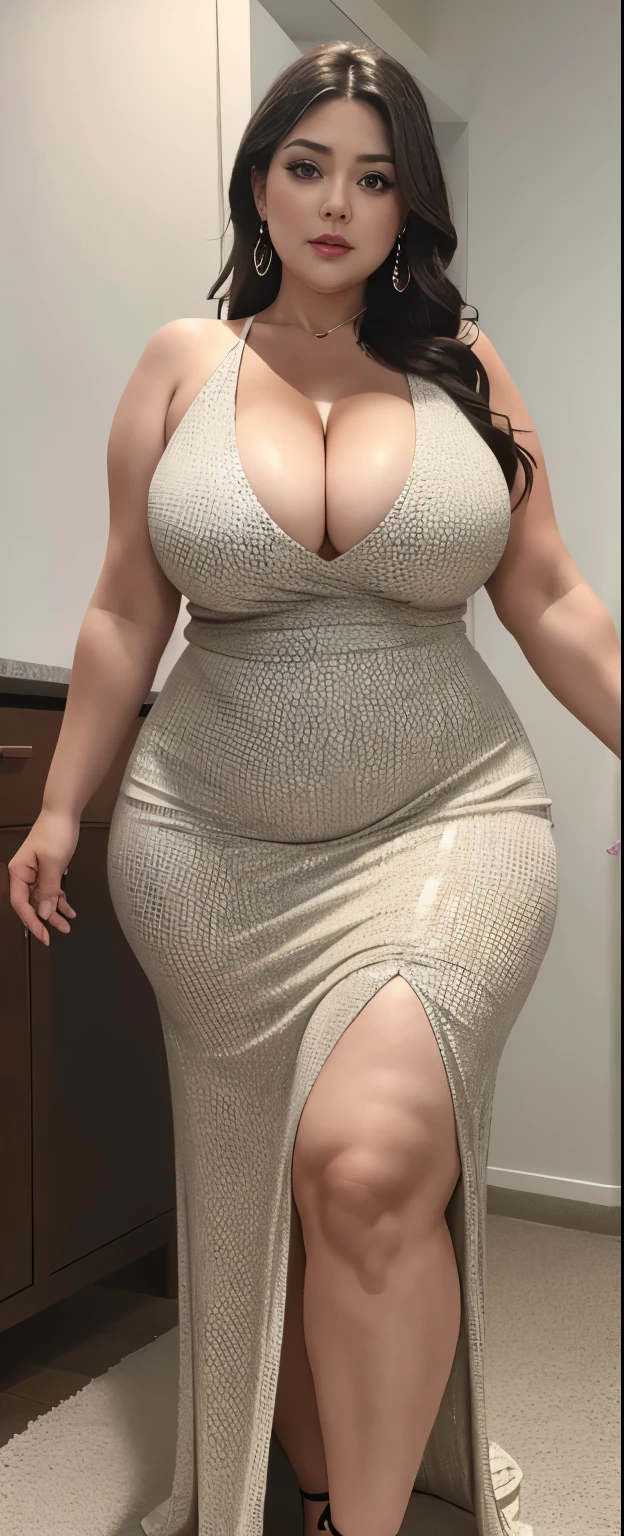 Chubby woman with fat belly and tight thighs, full body, 50-year-old mature woman, thick hips, thick neck, thick chest, big eyes, wearing a longest dress , cleavage 