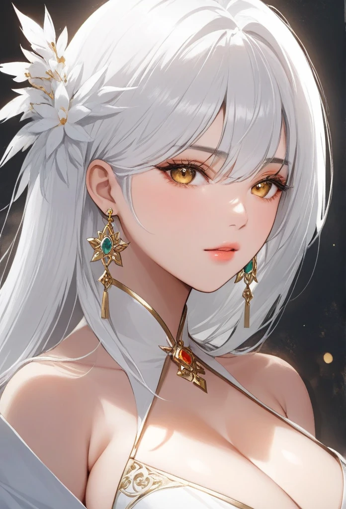 a close up of a woman with white hair and a white mask, beautiful character painting, guweiz, artwork in the style of guweiz, white haired deity, by Yang J, epic exquisite character art, stunning character art, by Fan Qi, by Wuzhun Shifan, guweiz on pixiv artstation,big breasts,long earrings ,golden eyes