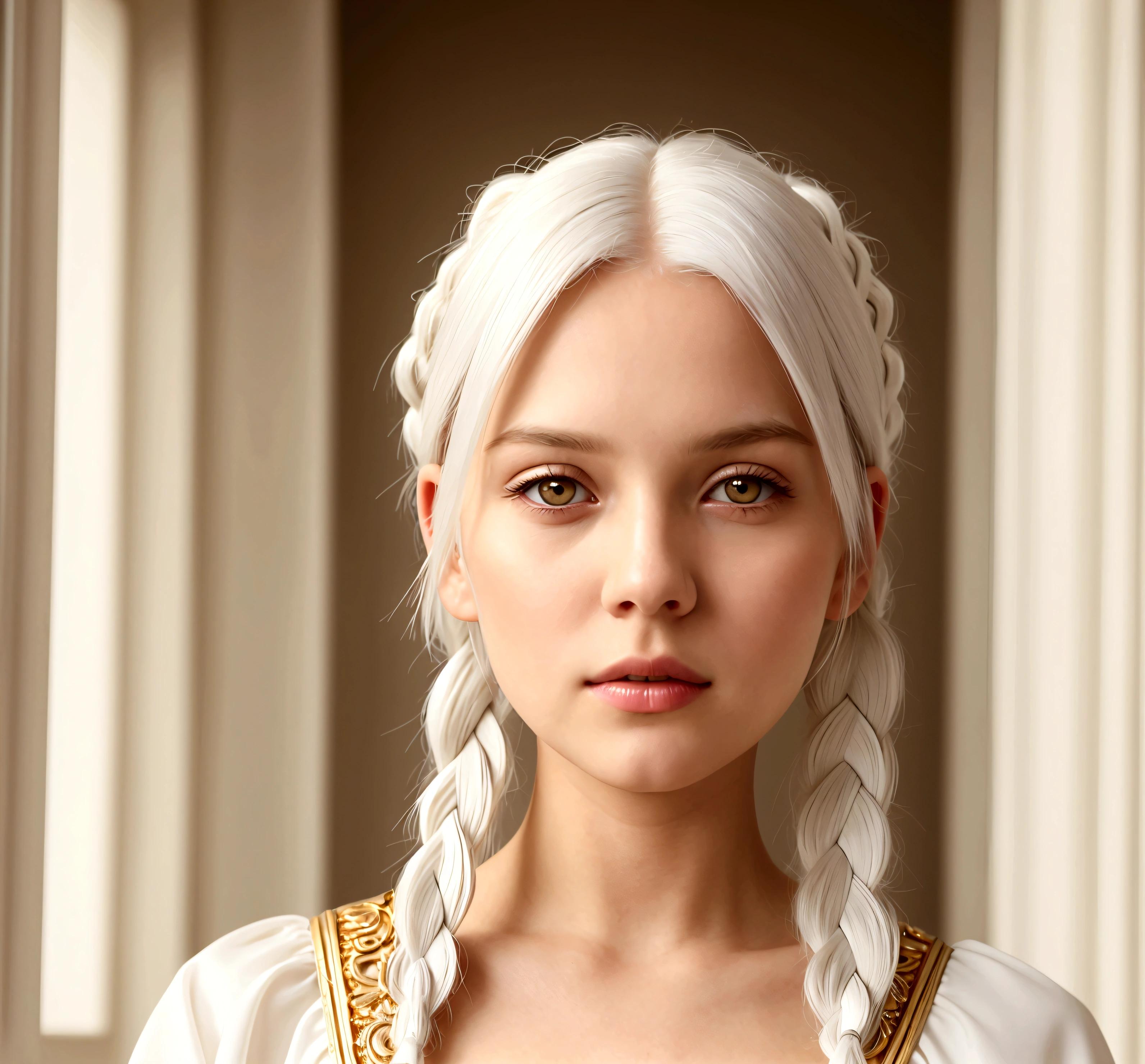 best quality, masterpiece,white hair, gold eyes,white clothes, looking up, upper body,hair strand,Fair skin,side braids