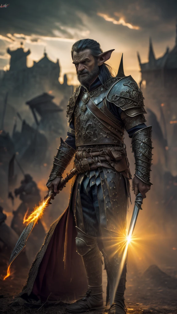 goblin leader standing in front of his army of goblins, backlit characters, shadowed characters, goblin army in background, goblin leader with back to camera, goblin leader facing army, very realistic, leader towering over army, (best quality,4k,8k,highres,masterpiece:1.2),ultra-detailed,(realistic,photorealistic,photo-realistic:1.37),epic scene,dynamic perspective,extremely detailed,dramatic lighting,cinematic framing,vibrant colors,ornate armor,fierce expressions,gritty textures