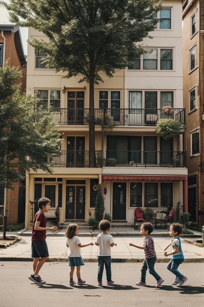 Create a cover for a song (let it be with a neighborhood background and children playing(