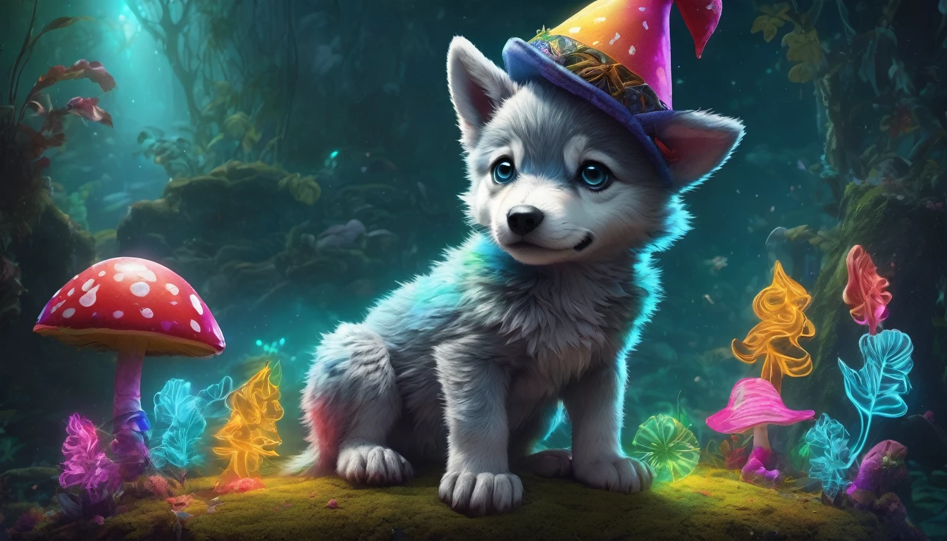 Whimsical scene of a cute wolf puppy sitting on a dimly lit bioluminescent mushroom wearing a glowing hat, Surrounded by colorful and playful decorations. Cute Pose, charming and nice wishes, Vibrant and lively decoration, A mysterious magical world, Rich dark cyan color, Explosive background effects with a touch of coolness and edge, Add light painting colors, Absurd resolution, Dynamic swing effect element piece, Exquisitely clear details, Careful attention to intricate details, Expertly rendered using optical light paint, (((Radiosity rendered in astonishing 32K resolution:1.3))), Highest Quality, hightquality,
