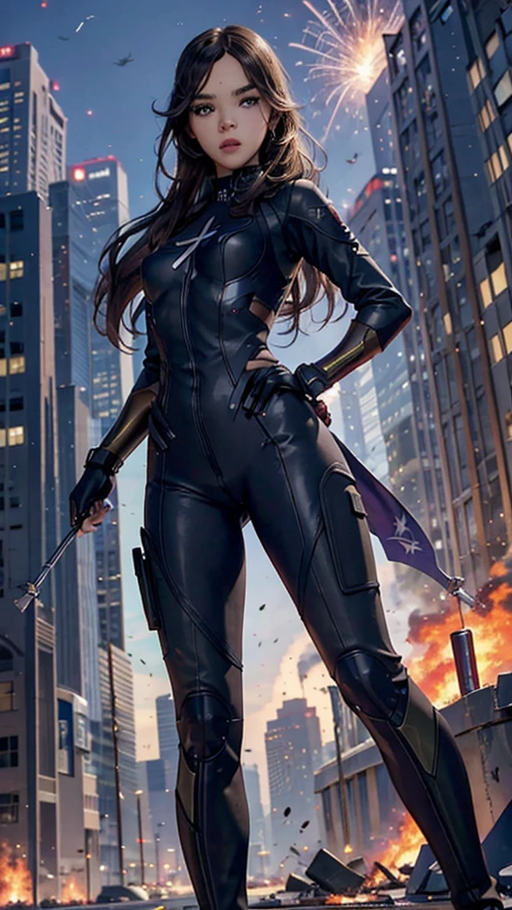 Kate Bishop Hawkeye, (hailee steinfeld), Avengers, marvel multiverse, classic suit, traje de super Hero, Bow and arrows, beautiful, YOUNG, sexy, very thin body, small and beautiful breasts, nalgas pequeñas y beautifuls, toned abdomen, small waist, Hero, powerful, fighting in New York City, very tall buildings, avengers tower building, alien invasion, Explosions, destruction, burning buildings, realist, Excellent quality, 4k, great definition, imagen realist com gran profundidad, Maximum details, 