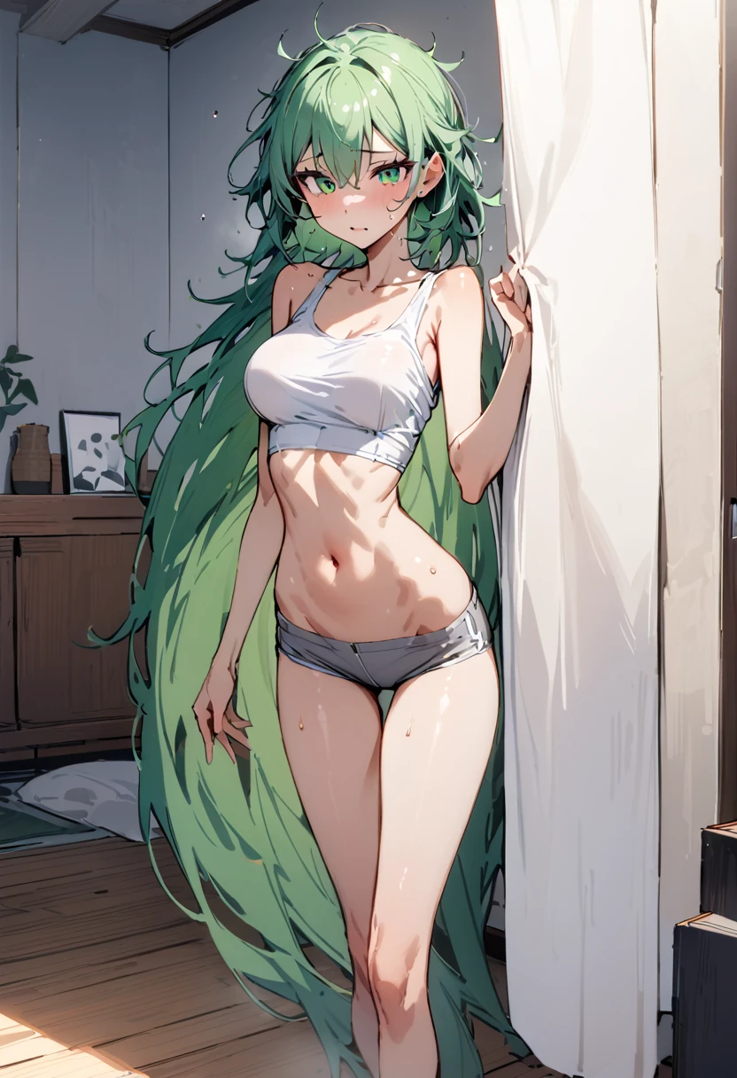 ((masterpiece,Highest quality:1.3)),1woman,25 year old beauty,独奏,((very small head:1.3)),green hair,(short hair),messy hair,bangs,green eyes,gorgeous eyes,shy,medium breasts,((very long body:1.2)),((toned body,slender body,skinny)),gleaming skin,shiny skin,sweat,White tight T-shirt、navel、Grey wet shorts、barefoot、standing,Simple bedroom、