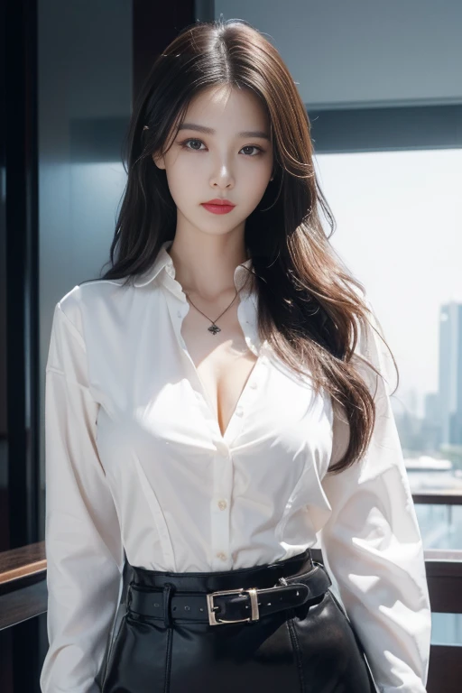 (Best quality, High resolution, Masterpiece :1.3), A tall and pretty woman, Slender abs, Dark brown hair styled in loose waves, Breasts, Wearing pendant, White button up shirt, Belt, Black skirt, (Modern architecture in background), Details exquisitely rendered in the face and skin texture, Detailed eyes, Double eyelid