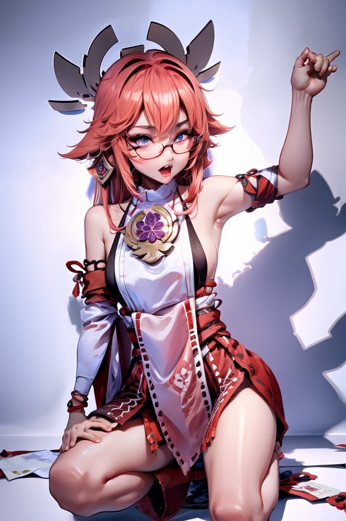 Wearing a fitted dress，Red lace suspender knee socks，Thong blue eyes black hair Indonesian girl，, Real People, Detailed body, Squat, Live Recording, Glasses, Skirt flip, Office female staff
