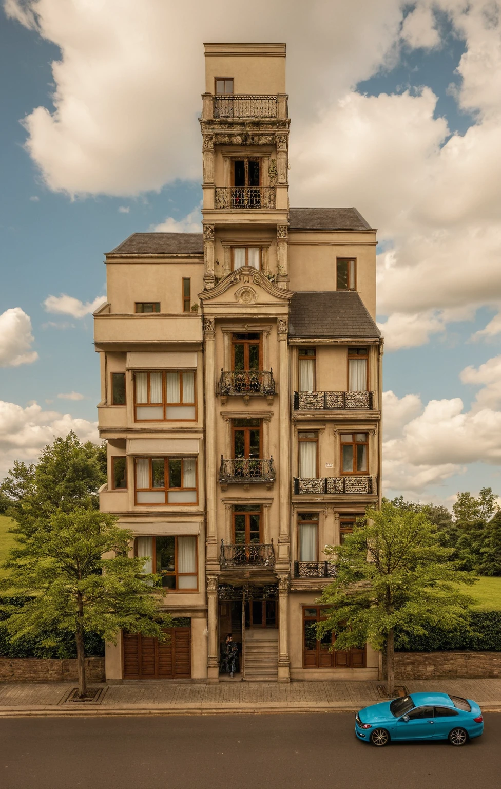 Raw photo,Masterpiece, high quality, best quality, authentic, super detail,
exterior, outdoors, house style neoclassic on the street ,aiaigroup, car, motobike, human, girl
road,pavement, grass, trees, sky, cloud, (day:1.1)