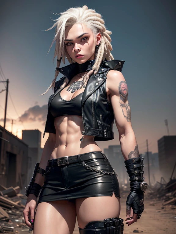 In the Wasteland, 18 year old beautiful girl in Wolf style., from DC comics, with dreadlocks, intergalactic anti-heroine, known for her cruelty and sarcastic behavior.. He is depicted as an alien humanoid with pale white skin.., long black dreadlocks, and super muscular physique in tight black leather pants.. His bright red eyes give him a menacing appearance..... Often dressed in an open black leather vest.., Short skirt, and heavy boots, he has a punk rock look. With tattoos and scars all over my body, emphasizing his seasoned character.,