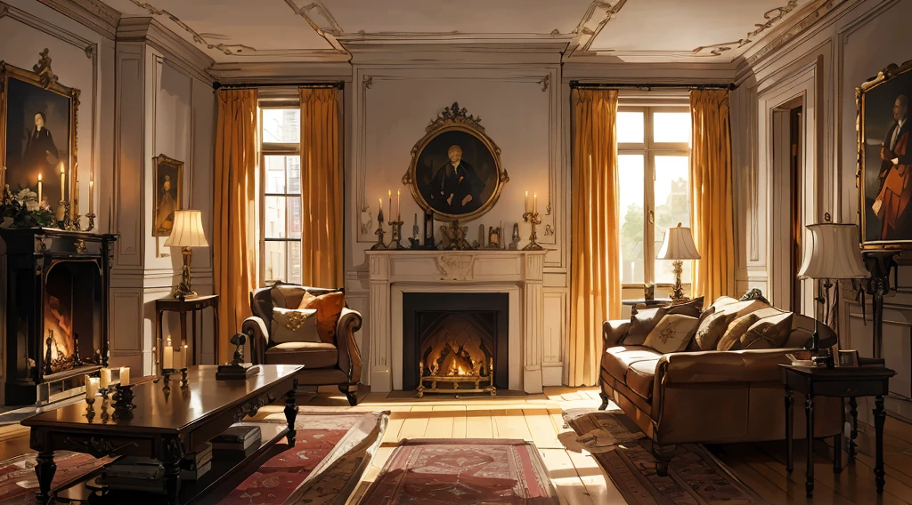 (best quality,masterpiece:1.2,detailed details,4k),Middle Ages, a gorgeous mafia boss's office,,Interior, victorian Manor with reliquies, (((Nigth))), (((moonligth enters the living room))) soft pale orange palette, soft secundary exterior ligth